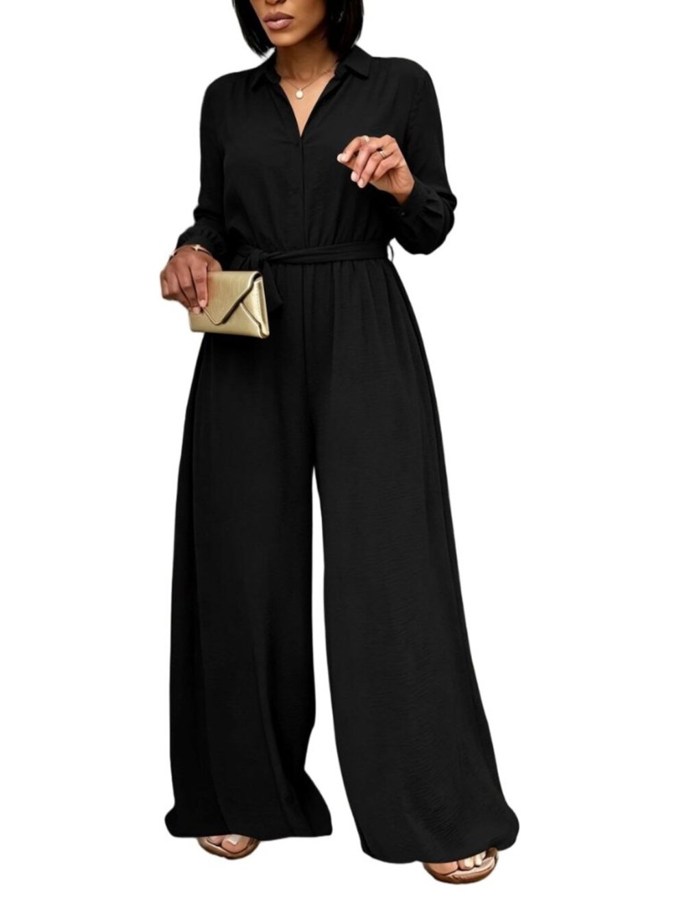 Women Long Sleeve Belted Dressy Jumpsuit